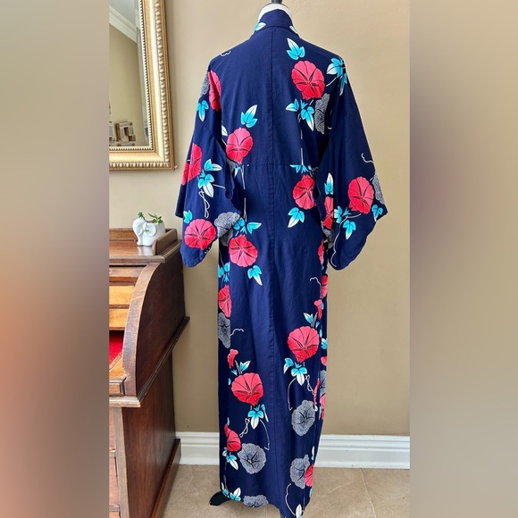 Japanese Floral Kimono Yukata Cotton Long Robe Navy Blue Red Morning Glory - Picture 8 of 11